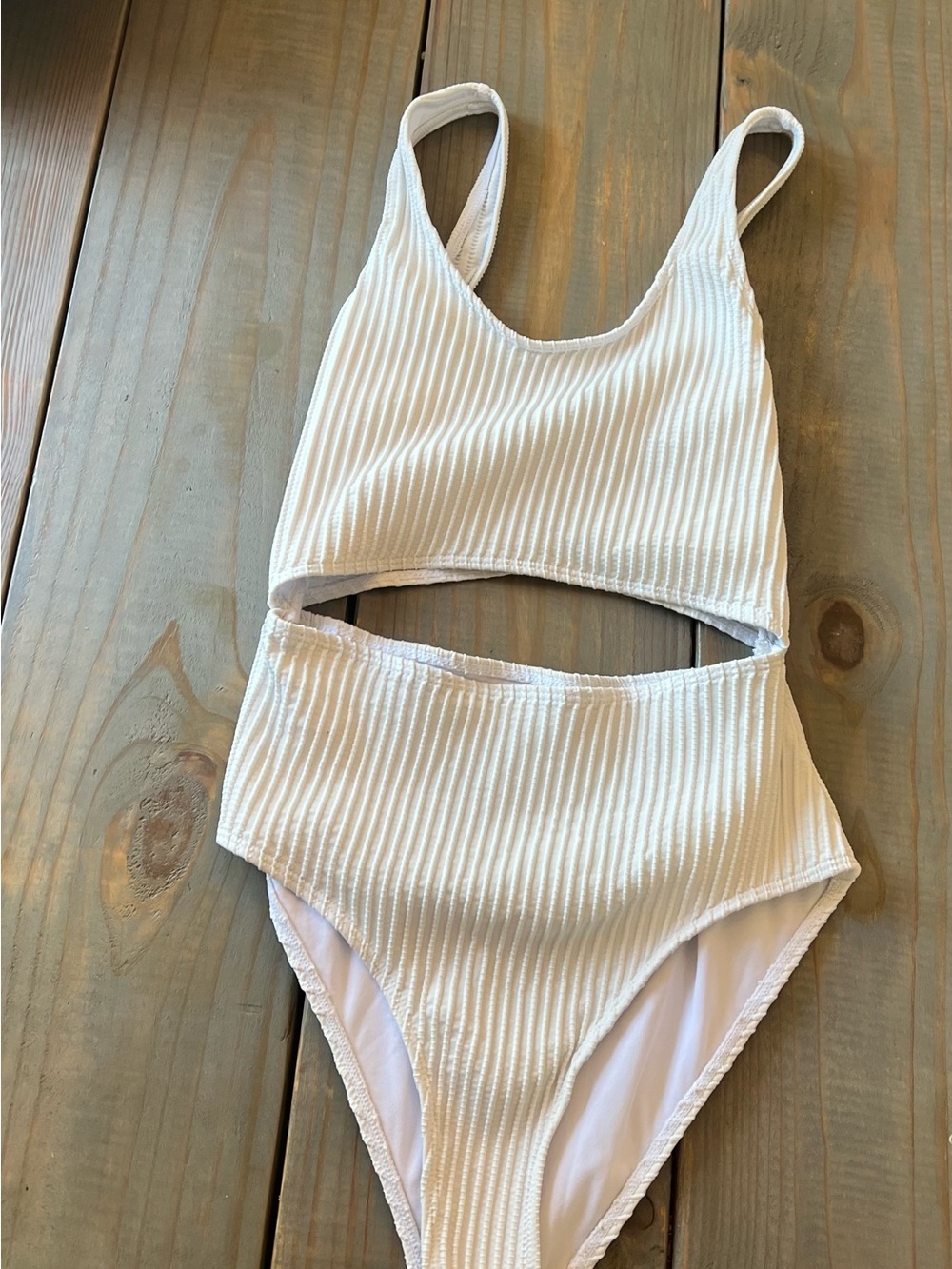 Womens Ribbed One Piece Swimsuit Cutout High Waist White Bathing Suit Size S